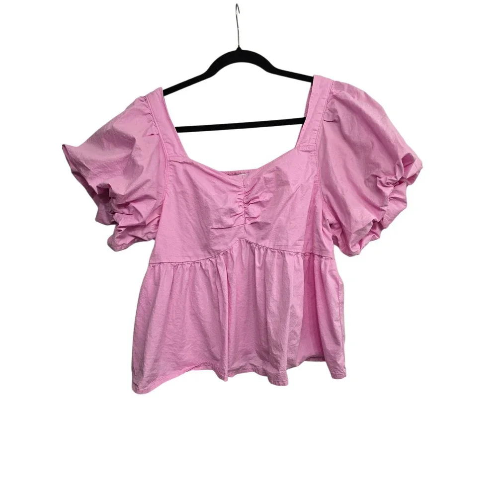 Old Navy Cotton Pink Puff Sleeve Babydoll Top‎ L Cottagecore Coquette Feminine